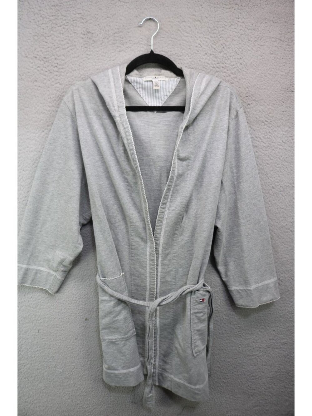 Tommy Hilfiger Sleepwear Hooded Gray Belted Robe-L/XL-Pockets-Logo-Preppy-Cozy
